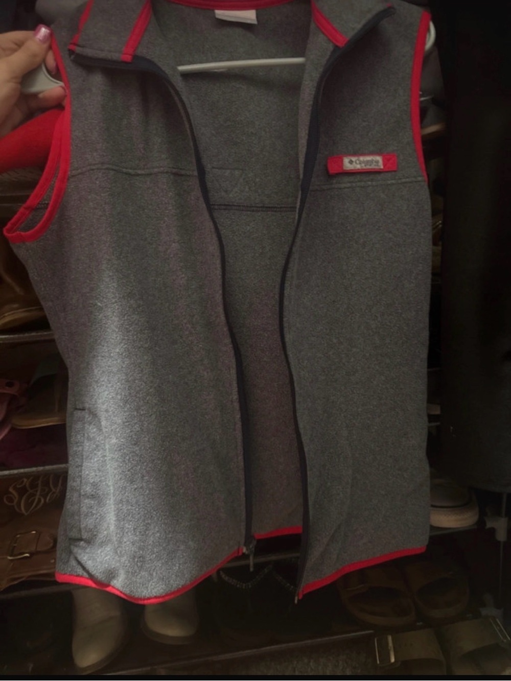Columbia womens Grey Fleece Vest with Red Trim Accents